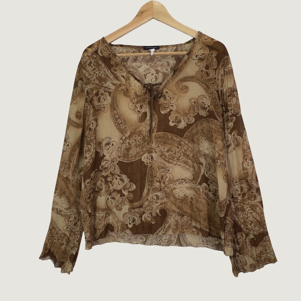 Fairweather Paisley Blouse L Brown Boho Sheer Y2K Whimsigoth Long Sleeve Top